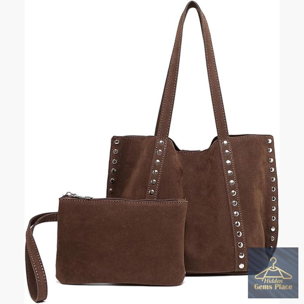 Faux Suede Hobo Tote Bag with Studded Details for Work Travel